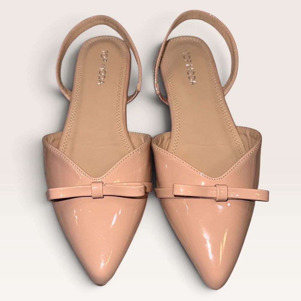 Top Moda Garner-9 Nude Blush Patent Slingback Bow Pointed Toe Flats Size 7.5